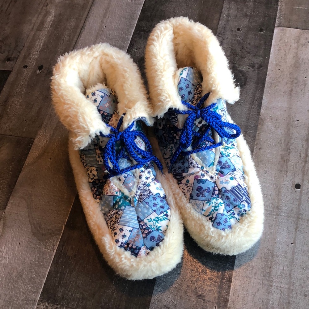 Vintage quilted lace up booty slippers